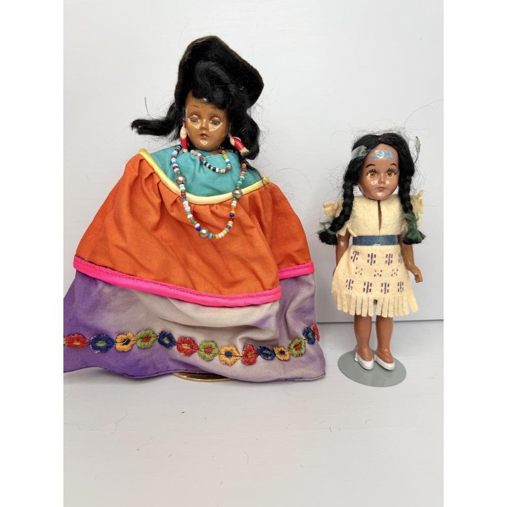 Vintage Native American Indian Doll Lot 2 Traditional Dress Folk Art Collectible